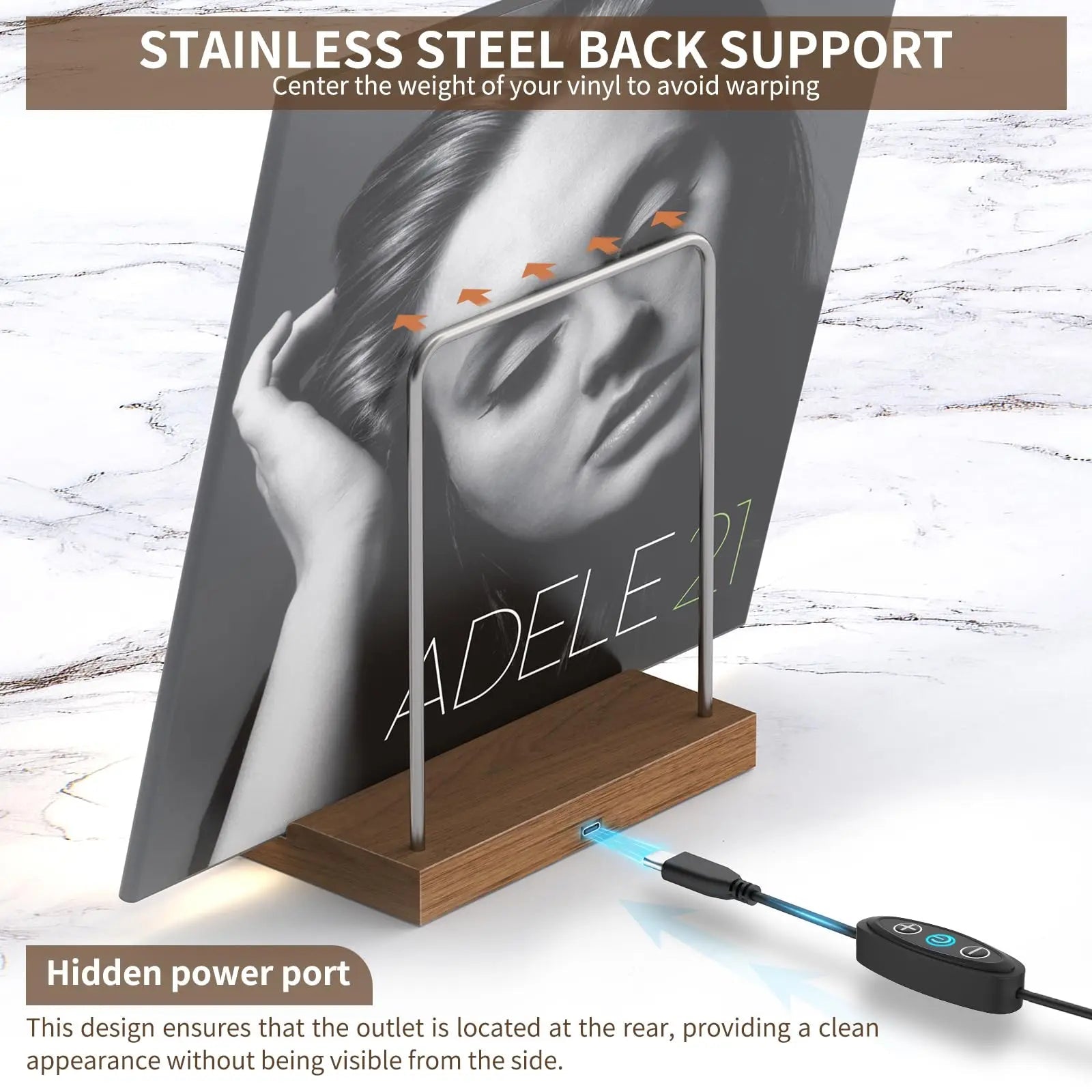 Now playing Vinyl Record Holder Light Up Vinyl Record Display Stand with  Fingerprint-Proof Acrylic Albums, Warm White Light